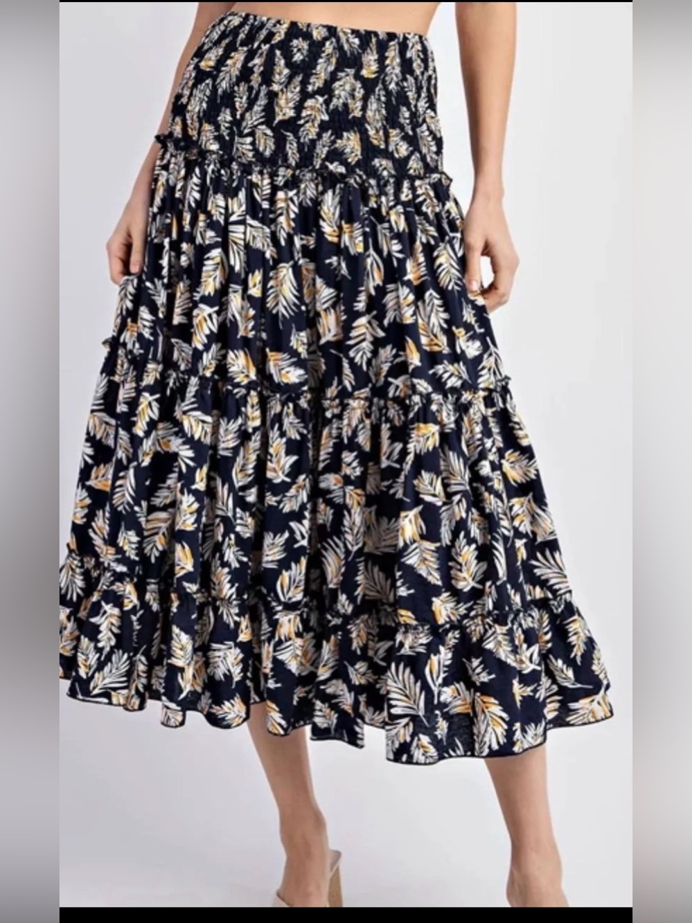 Beautiful Navy Floral Tiered Maxi Skirt with Smocked Waist